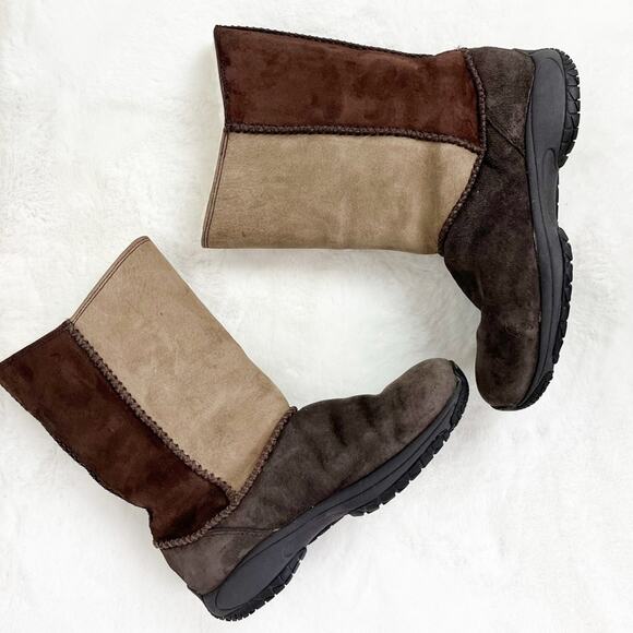 Merrell Suede Boots Mid Calf Winter Two Tone Faux Fur Lined 8 Brown - Picture 3 of 13